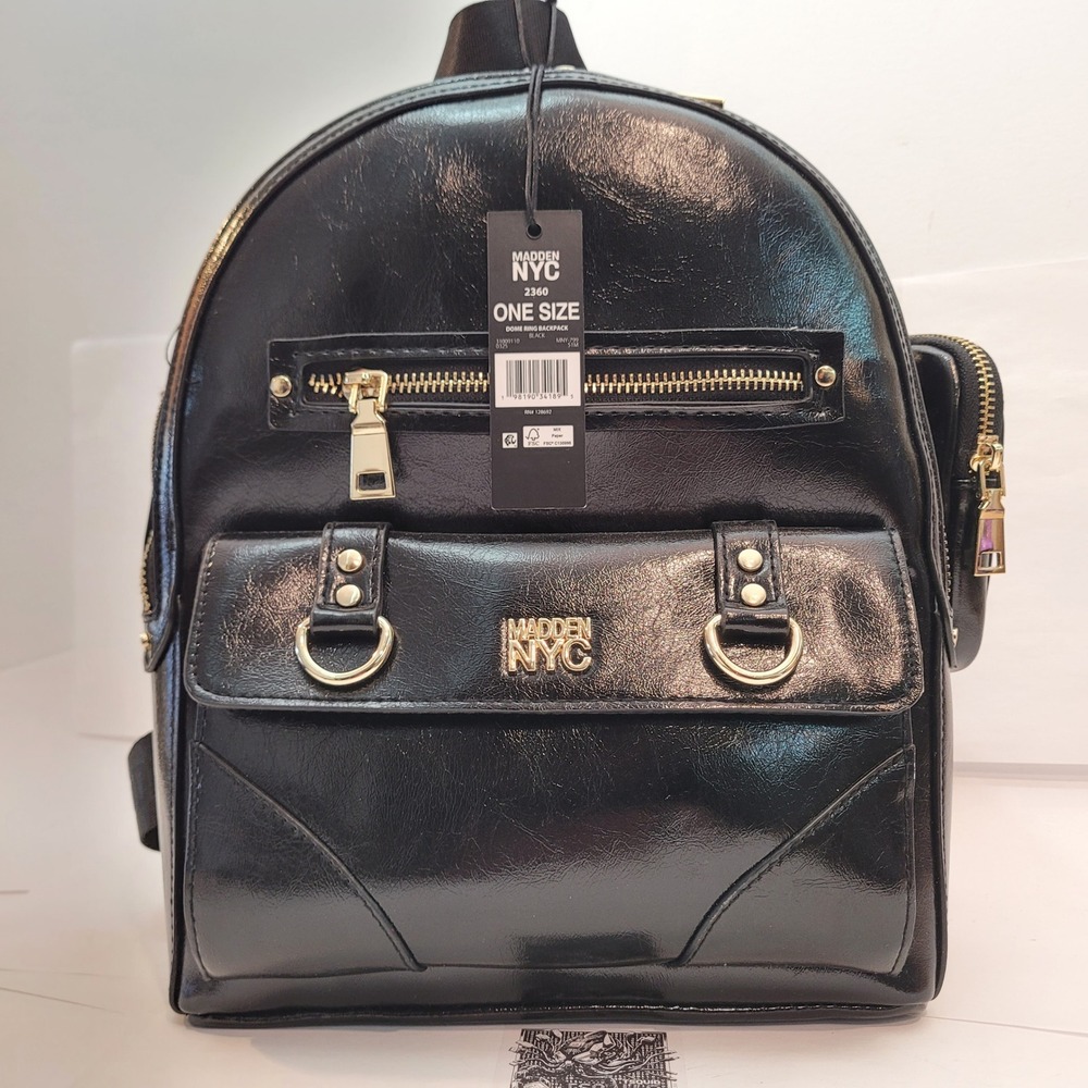 Madden NYC Dome Ring Backpack Women Black Faux Leather Gold Hardware‎ New